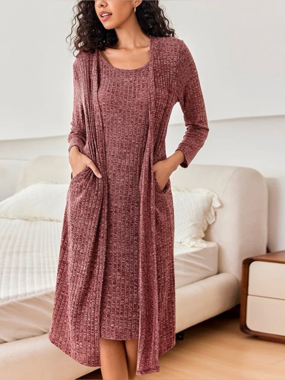 NEW Ekouaer Cozy Ribbed Midi Dress & Long Cardigan Loungewear Set Burgundy Small